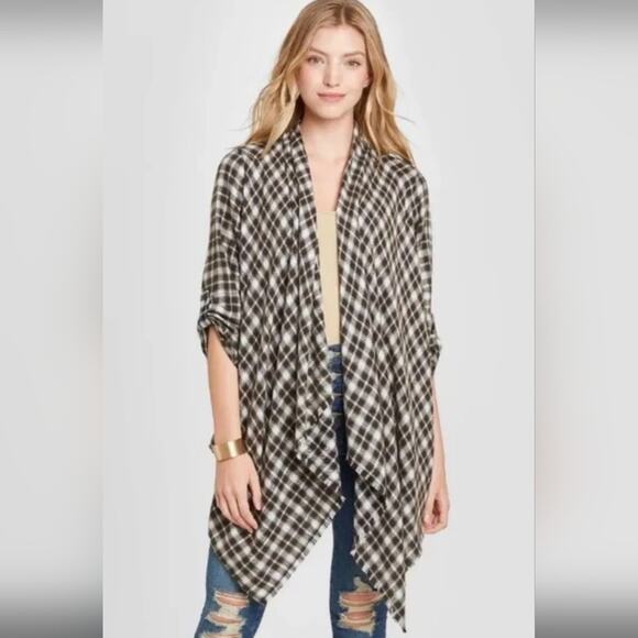 Knox Rose Dark Brown White Plaid Open Waterfall Shawl Cardigan Size Large - Picture 1 of 12